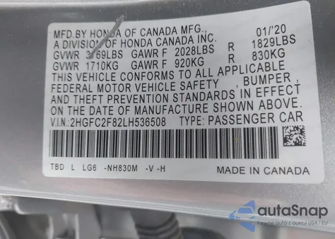 2020 Honda Civic Sport from USA, damaged, VIN 2HGFC2F82LH536508